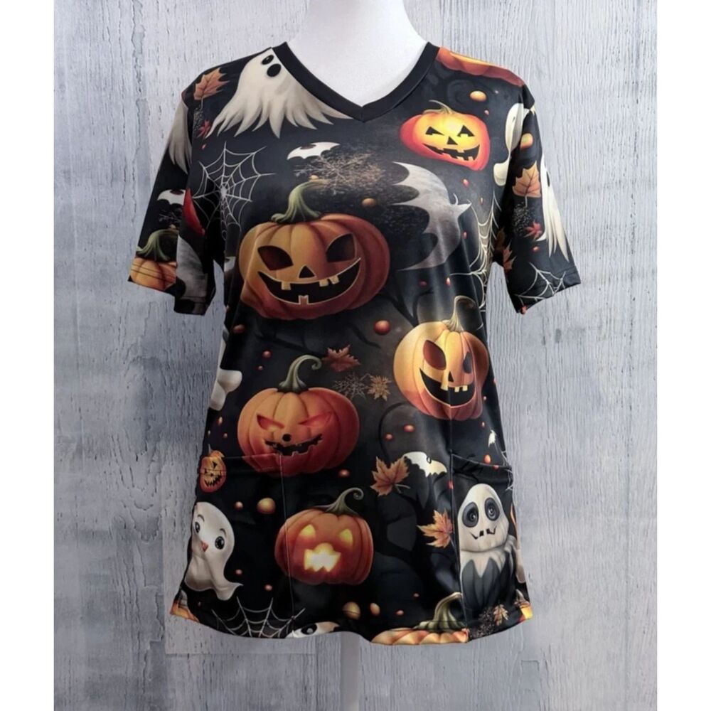 Halloween Scrub Top Women's L Short Sleeve Black/Orange Pockets Jack-O-Lanterns
